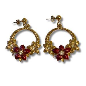 Avon Vintage Poinsettia Hoop Earrings Gold Tone Red Enamel Christmas Holiday
